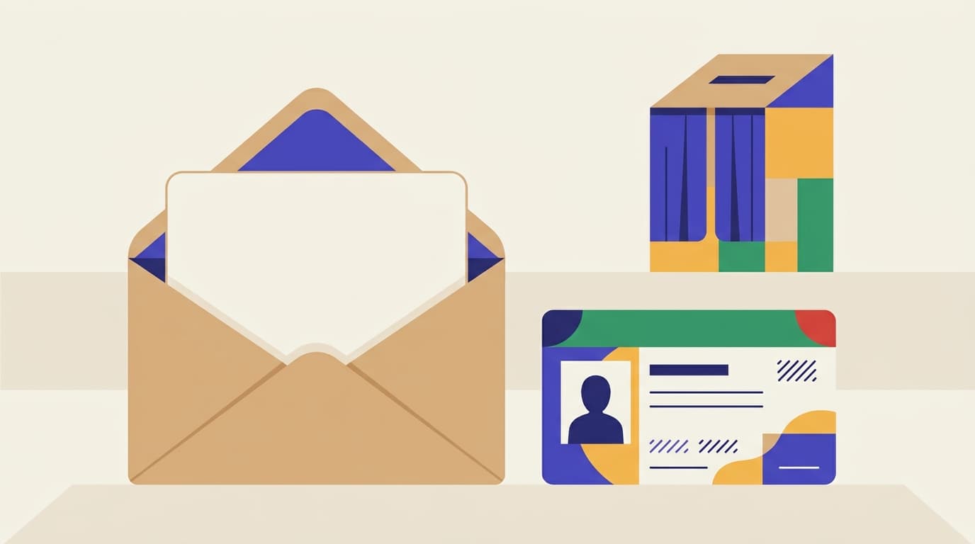 Neutral editorial illustration: a polling-card envelope, a ballot box and an identity card side by side