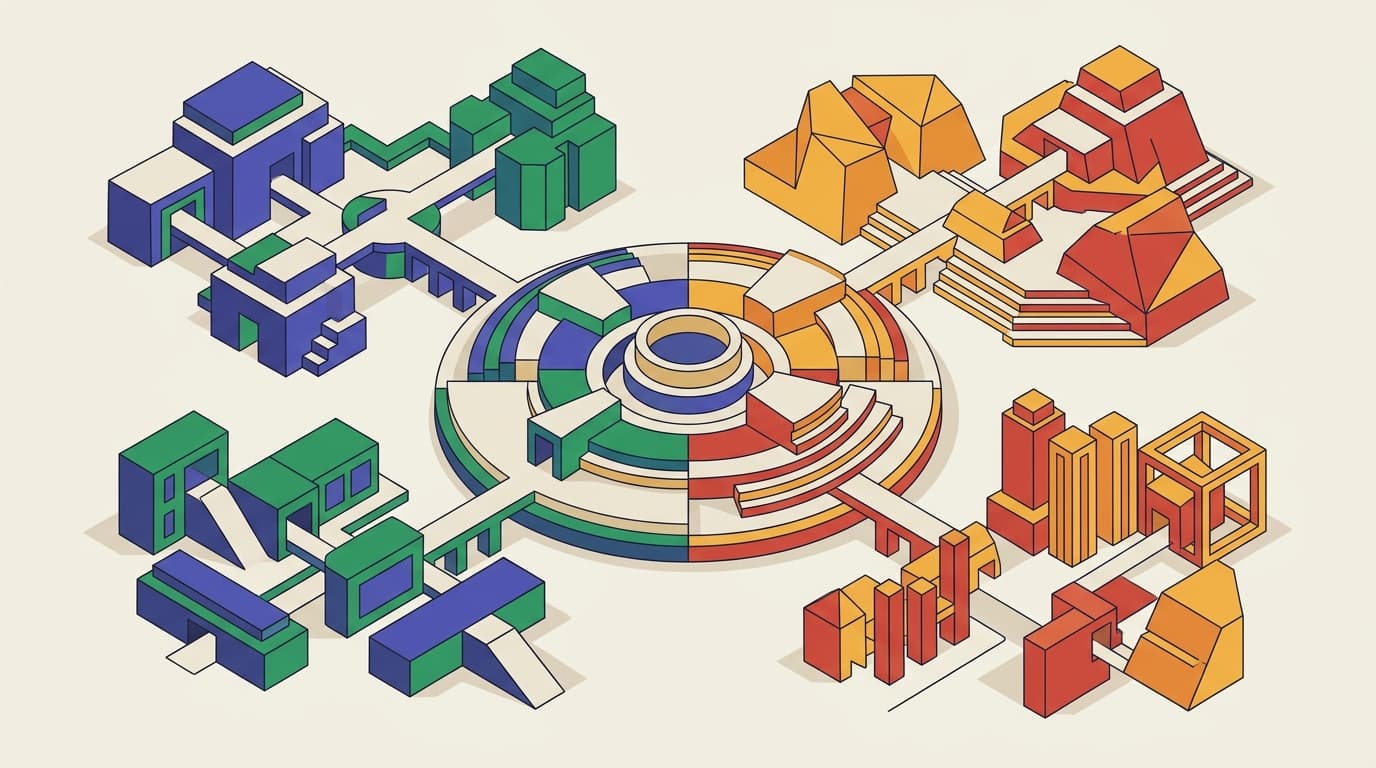 Illustration of Belgium's levels of power: four separate institutional clusters connected to a central assembly